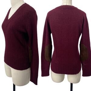 Vintage 60s Hudsons Detroit Sweater Shetland Wool V Neck Elbow Patches Burgundy
